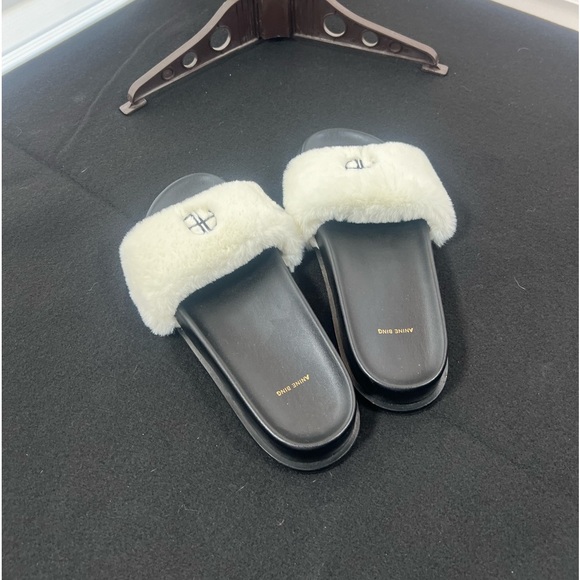 Anine Bing Shoes - EUC Anine Bing Black and White Fur Slides Size 41 Leather and Fur